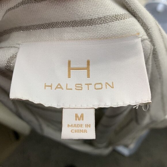 H Halston Size Medium Blazer Top Linen Blend Striped White Silver 3/4 Sleeve - Picture 3 of 4